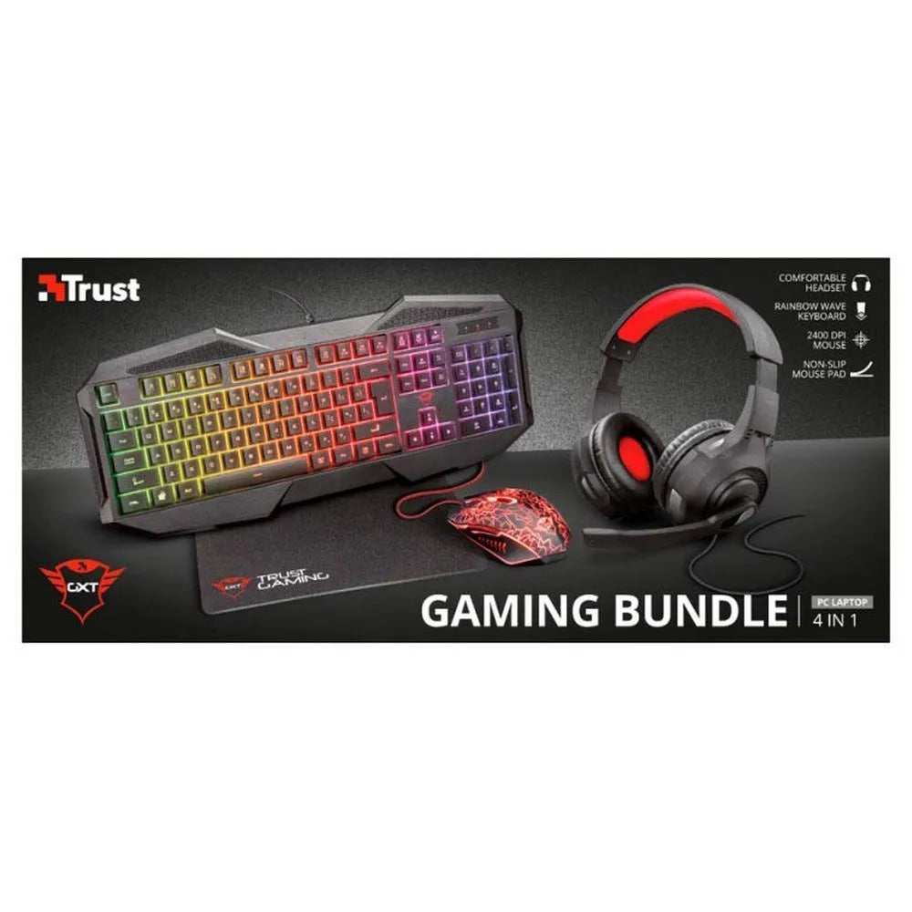 KIT 4 EN 1 TRUST GAMING BUNDLE TECLADO, DIADEMA, MOUSE,MOUSE PAD