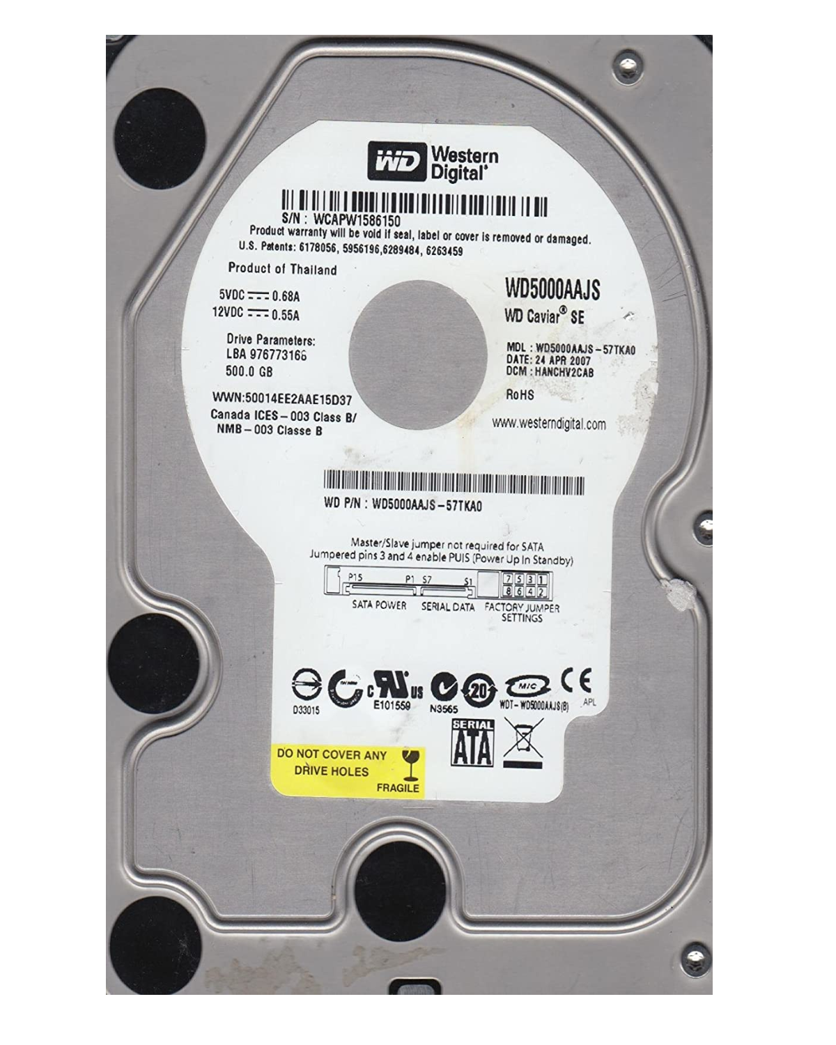 Disco Duro Interno Western Digital WD5000AAJS 500GB 3.5" 7200 rpm