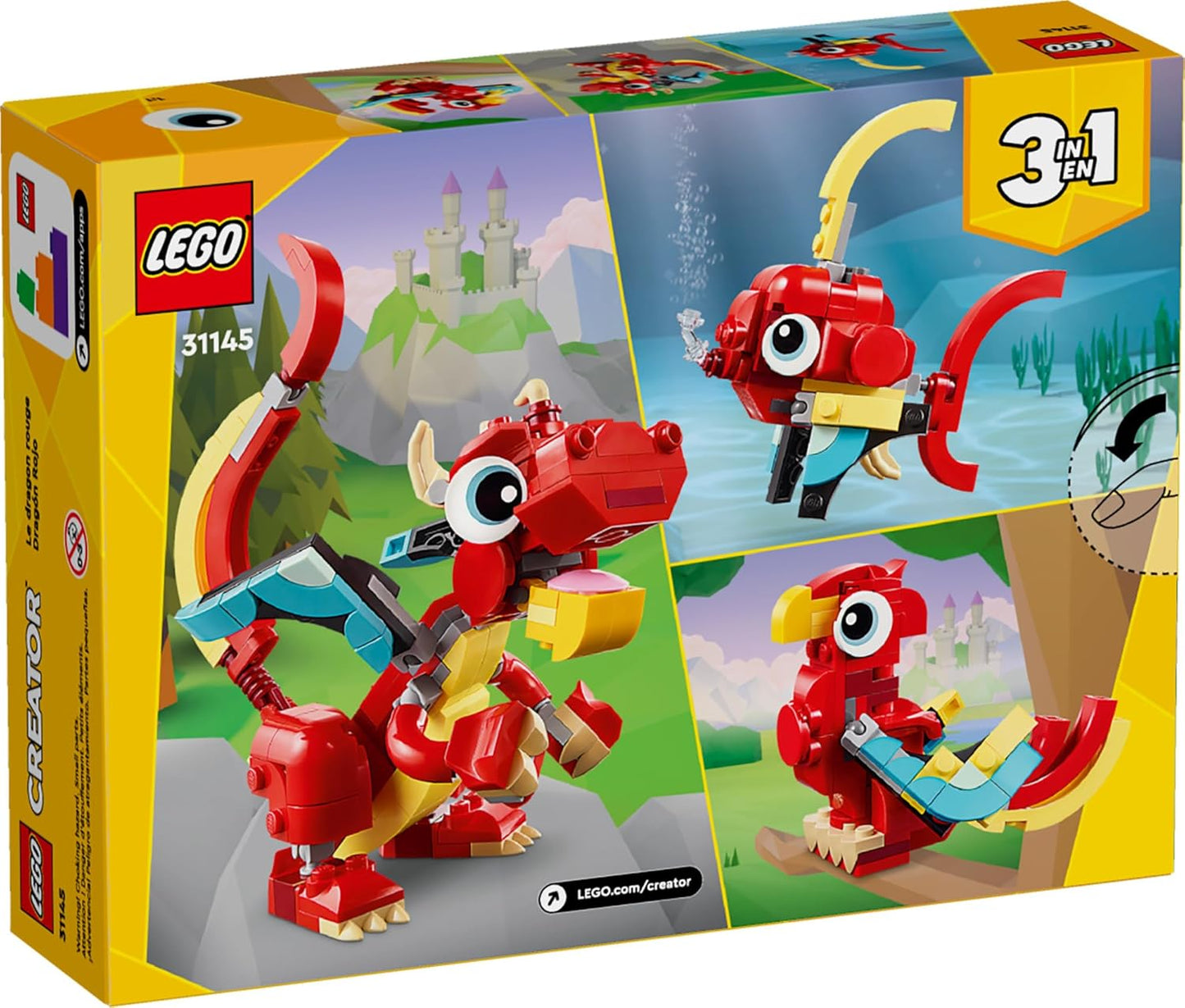 Lego® Creator 3en1 Dragón Rojo Juguete De Construcción 3 En 1, Convertible En Una Figura De Un Pez O En Un Modelo De Un Fénix 31145