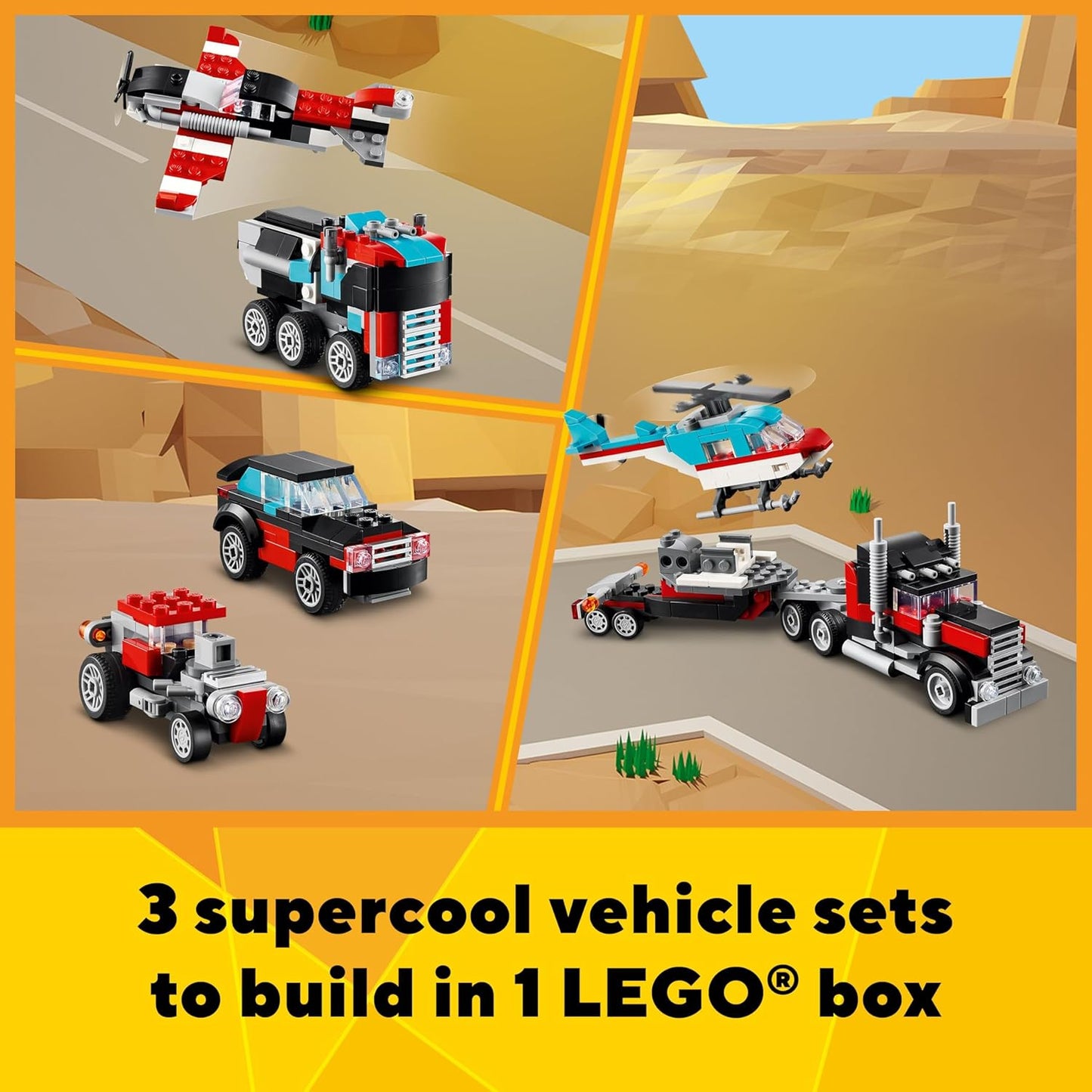 Lego® Creator 3en1 Camión Plataforma Con Helicóptero Juguete Convertible En Un Avión De Hélice Y Un Camión De Combustible O En Un Auto Deportivo Clásico Y Un Suv 31146