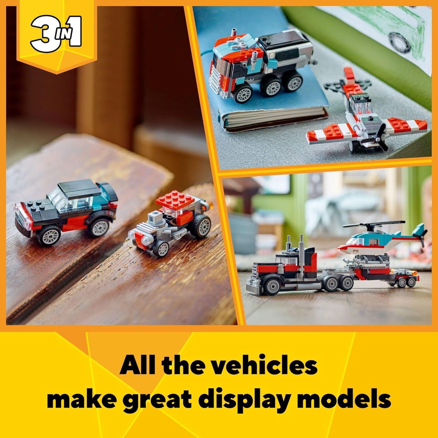 Lego® Creator 3en1 Camión Plataforma Con Helicóptero Juguete Convertible En Un Avión De Hélice Y Un Camión De Combustible O En Un Auto Deportivo Clásico Y Un Suv 31146