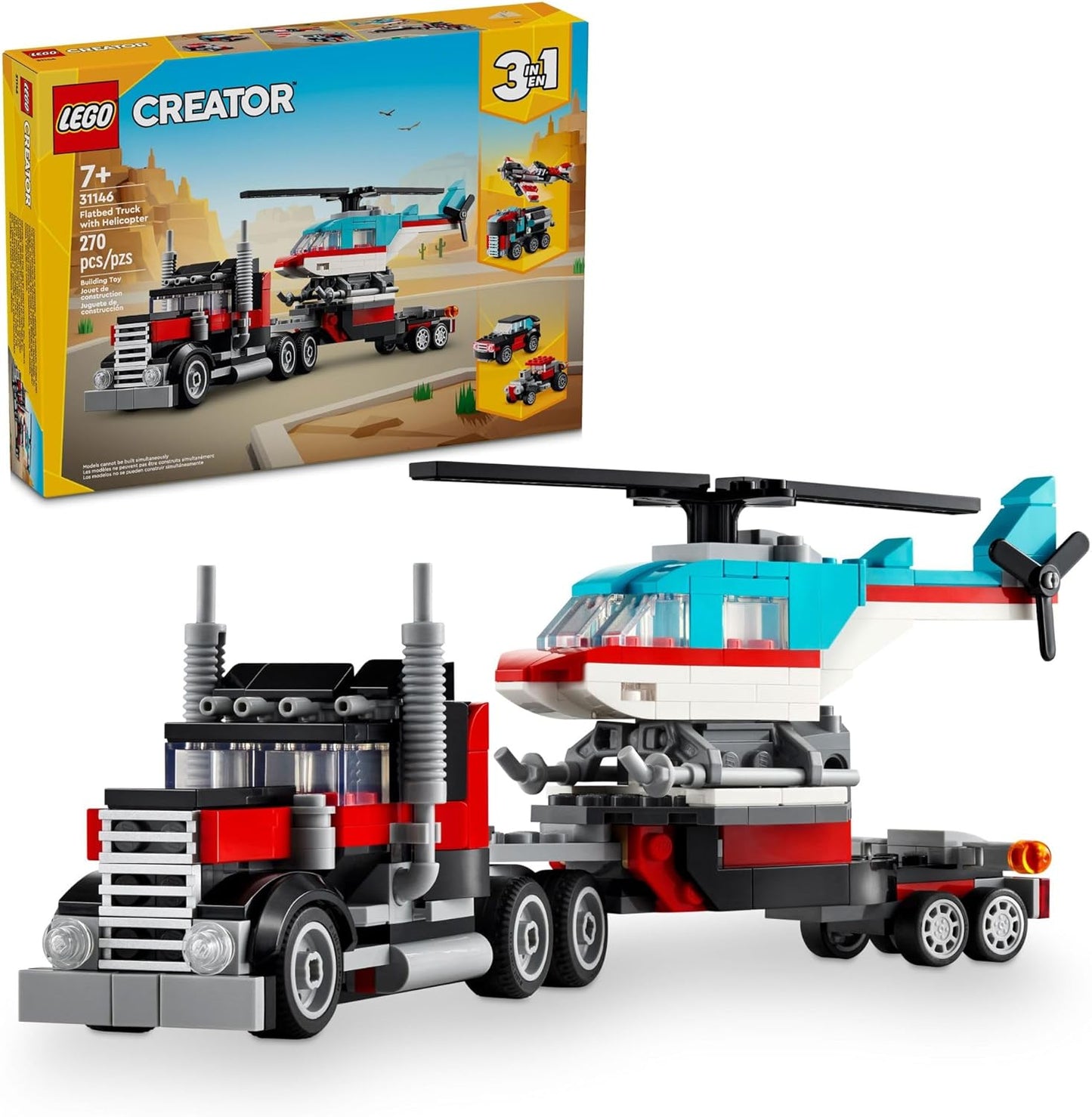 Lego® Creator 3en1 Camión Plataforma Con Helicóptero Juguete Convertible En Un Avión De Hélice Y Un Camión De Combustible O En Un Auto Deportivo Clásico Y Un Suv 31146