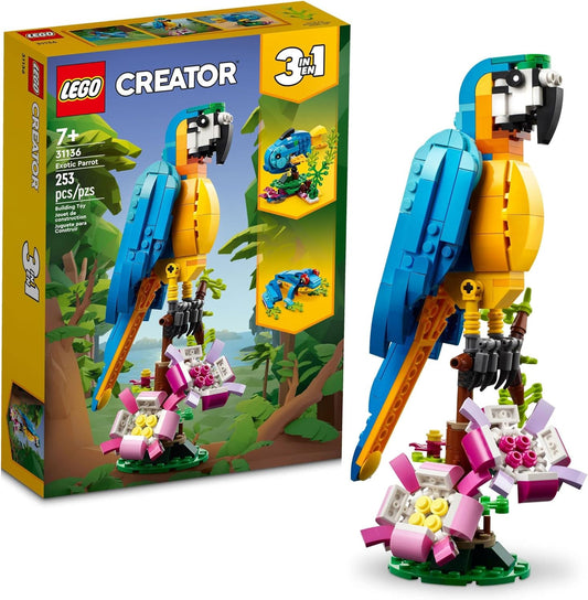 LEGO® Creator Loro Exótico; Animales de la Selva para Actividades en Familia con un Divertido Loro 3 en 1 articulado Que se Puede Transformar en una Colorida Rana Azul o un tierno pez Azul 31136