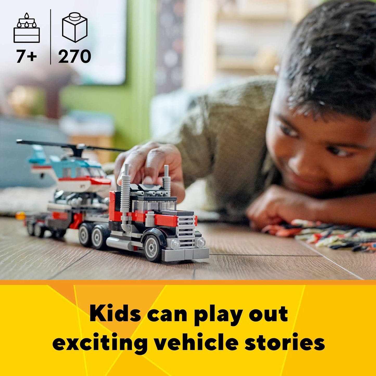 Lego® Creator 3en1 Camión Plataforma Con Helicóptero Juguete Convertible En Un Avión De Hélice Y Un Camión De Combustible O En Un Auto Deportivo Clásico Y Un Suv 31146