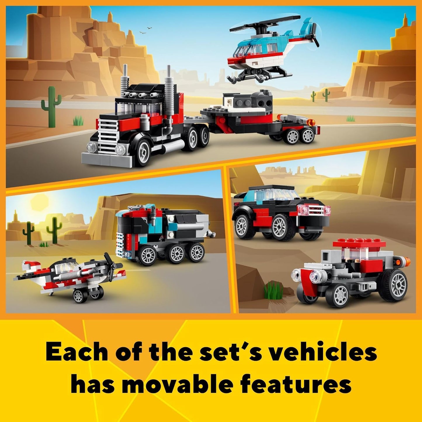 Lego® Creator 3en1 Camión Plataforma Con Helicóptero Juguete Convertible En Un Avión De Hélice Y Un Camión De Combustible O En Un Auto Deportivo Clásico Y Un Suv 31146