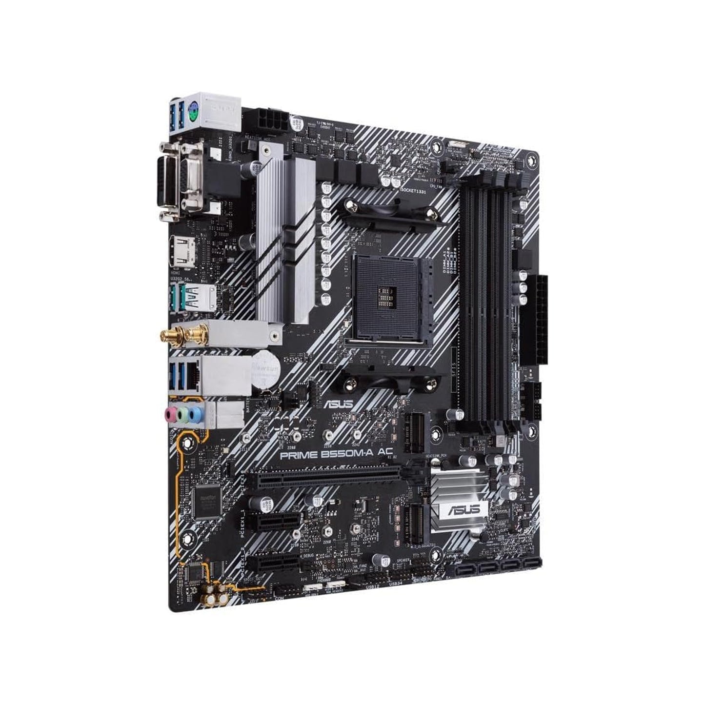 Asus Motherboard AMD B550, Prime B550M-A AC, AM4 mATX con PCIe 4.0, dual M.2, WiFi, HDMI, D-Sub, DVI, SATA 6 Gbps, puertos USB 3.2 Gen 2 e iluminación Aura Sync RGB