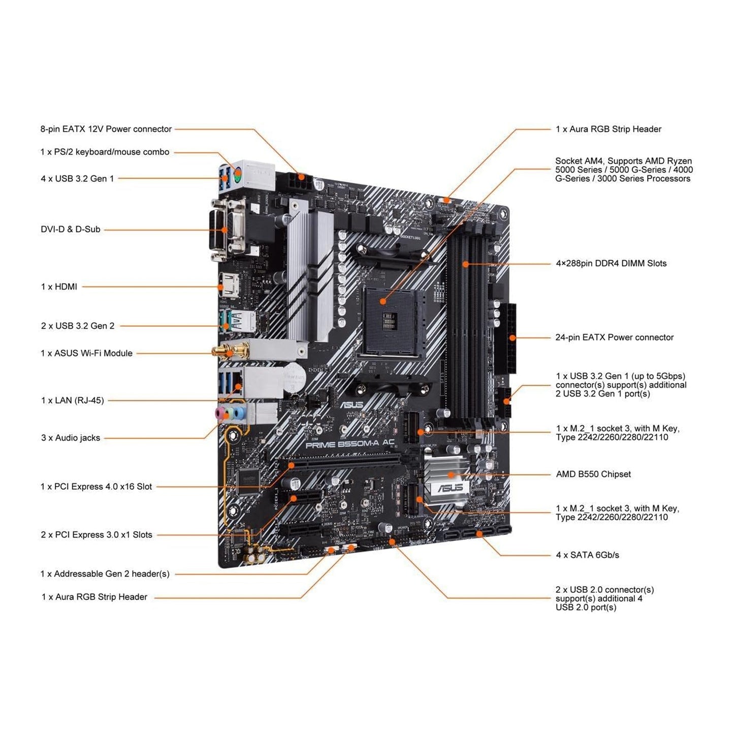 Asus Motherboard AMD B550, Prime B550M-A AC, AM4 mATX con PCIe 4.0, dual M.2, WiFi, HDMI, D-Sub, DVI, SATA 6 Gbps, puertos USB 3.2 Gen 2 e iluminación Aura Sync RGB