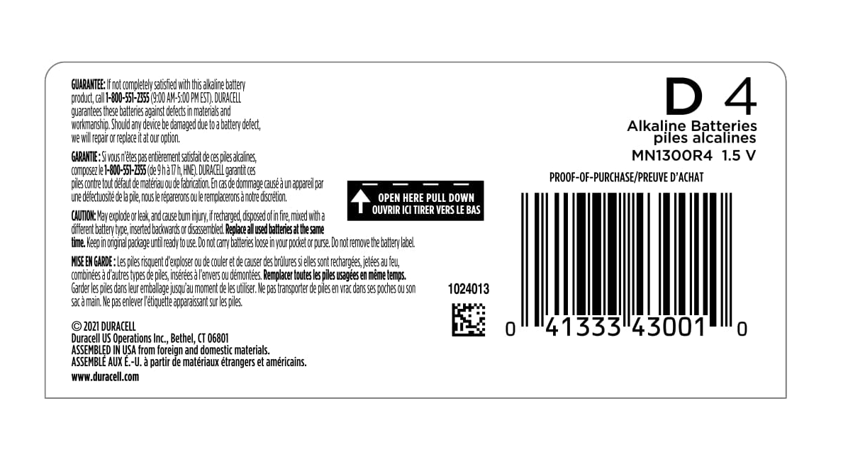 Pilas Duracell D Pack De 4 Piezas Alcalinas