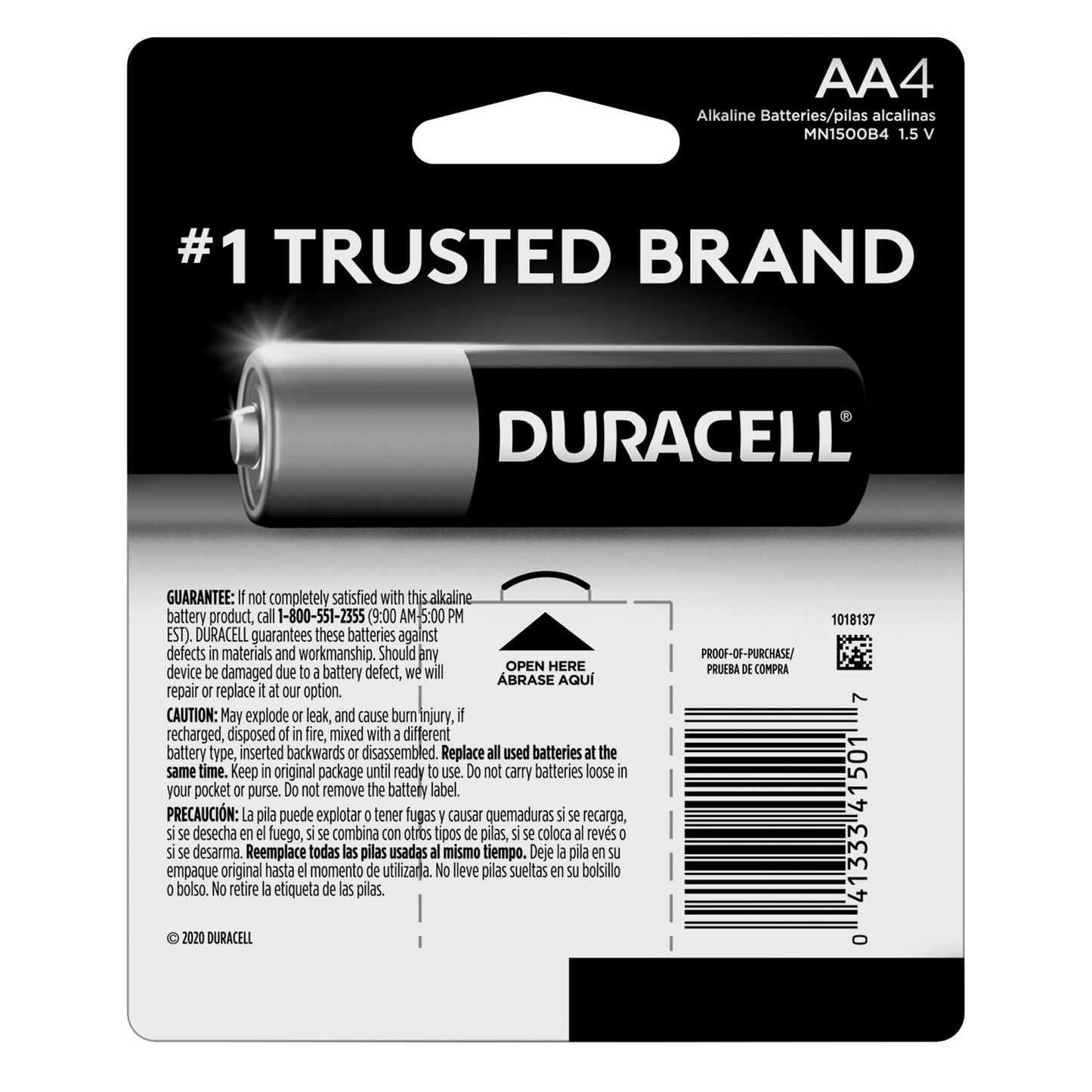 Pilas Duracell AA pack de 4 piezas alcalinas 1.5v